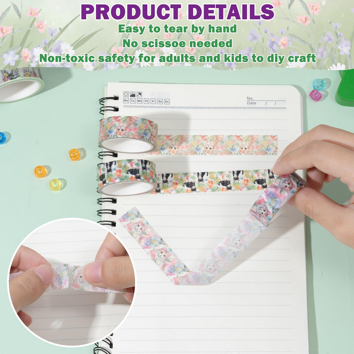 BkeeCten Spring Flower Washi Tape - 12 Roll Vibrant Cat Flower Scrapbook Washi Colored Painters