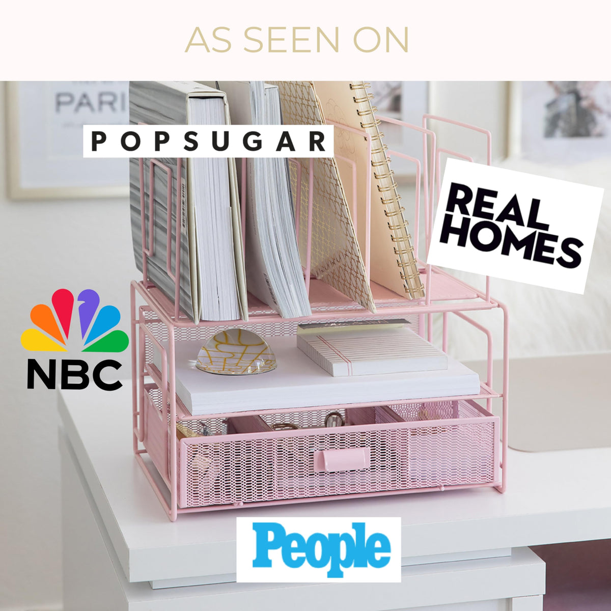 BLU MONACO | Pink Desk Organizer with Drawer | Wire Mesh Desk Organizer File Sorter | Metal Desktop