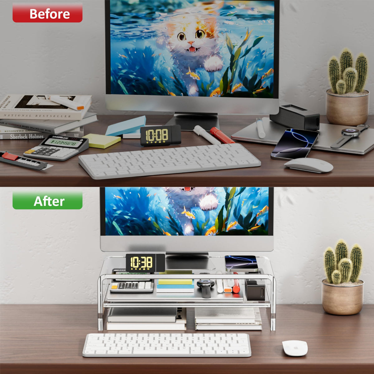 Egchi Clear Acrylic Monitor Stand Riser 2 Tier, 5.12 Inches High Clear Computer Desk Organizer