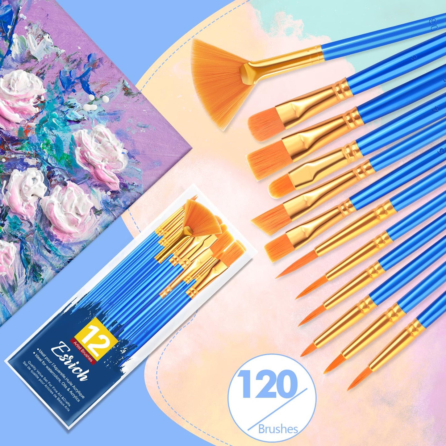 ESRICH Paint Brushes Set, 10Pack 120pcs Nylon Hair Round-Pointed Tip