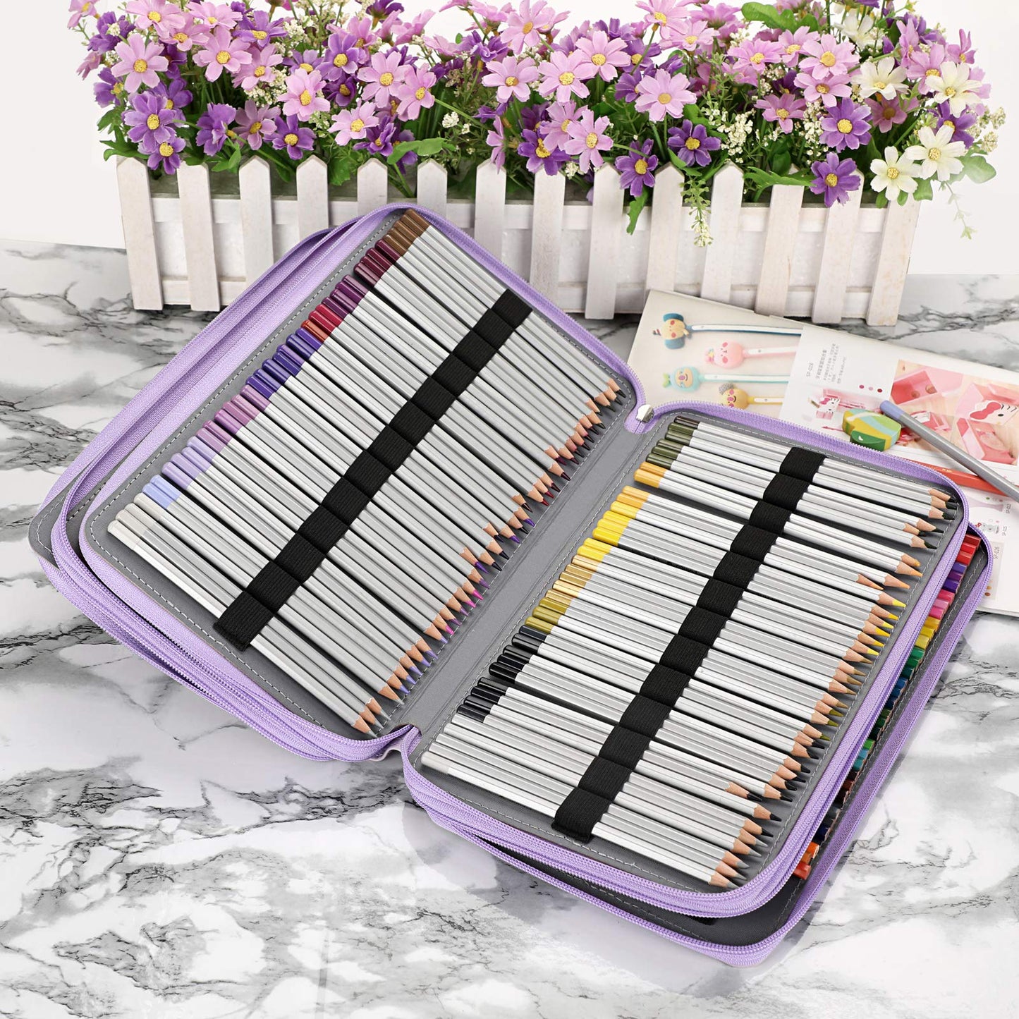 BTSKY 300 Slots Colored Pencil Organizer - Deluxe PU Leather Pencil Case Holder with Handle Strap