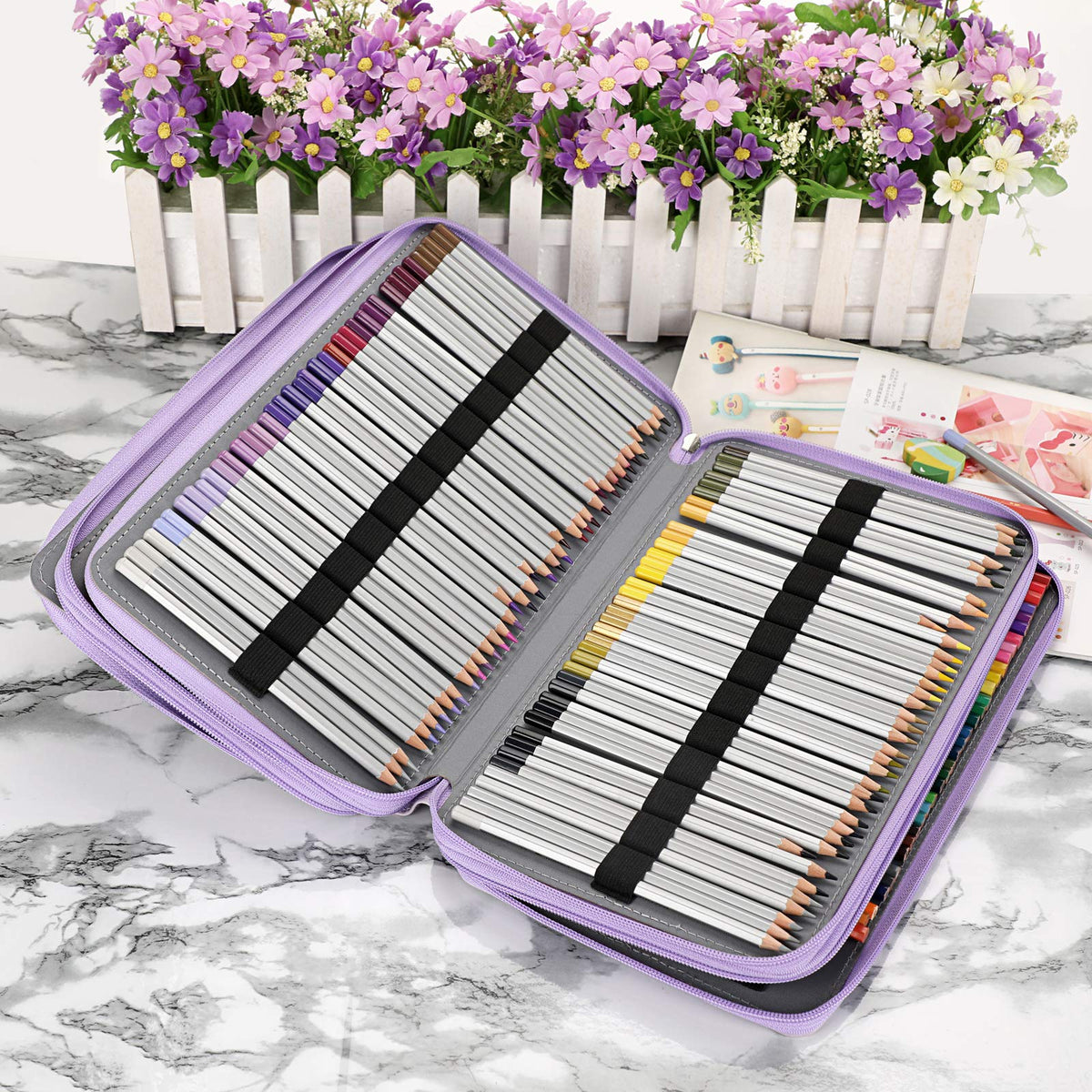 BTSKY 300 Slots Colored Pencil Organizer - Deluxe PU Leather Pencil Case Holder with Handle Strap