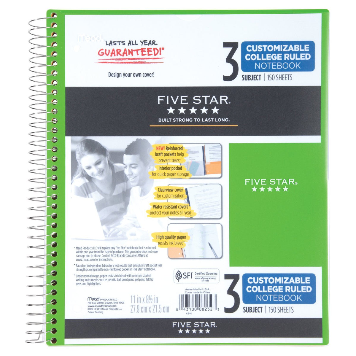 Five Star Spiral Notebook, 3 Subject, College Ruled Paper, 150 Sheets, 11" x 8-1/2", Customizable