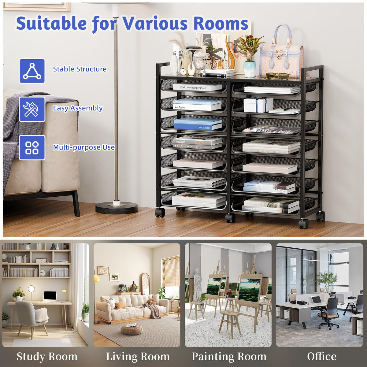 Simple Trending 15-Tier Rolling File Cart, Desk File Organizer with 14 Mesh Sliding Trays, Letter &