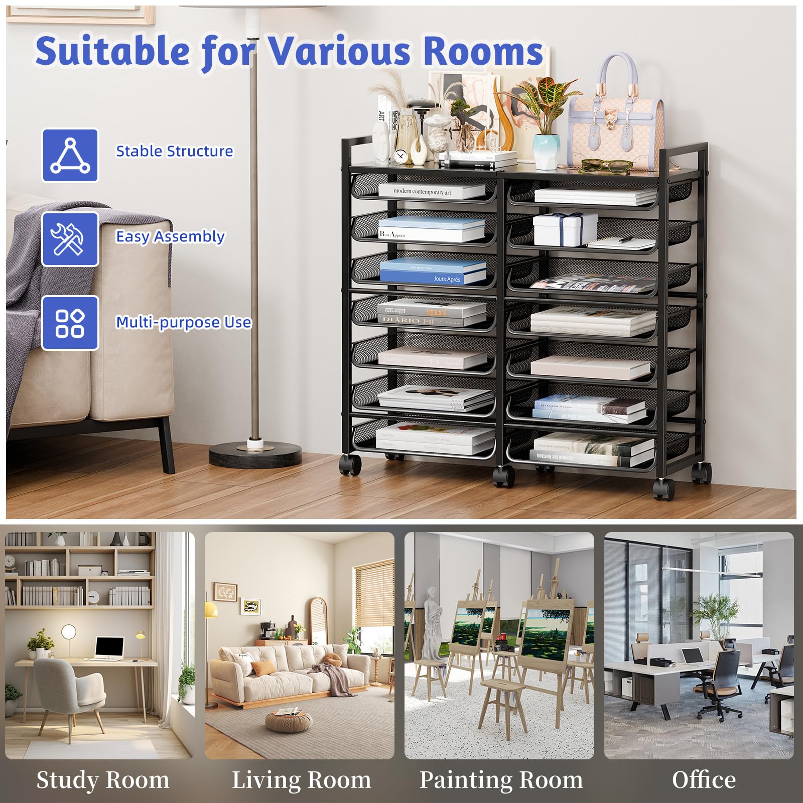 Simple Trending 15-Tier Rolling File Cart, Desk File Organizer with 14 Mesh Sliding Trays, Letter &