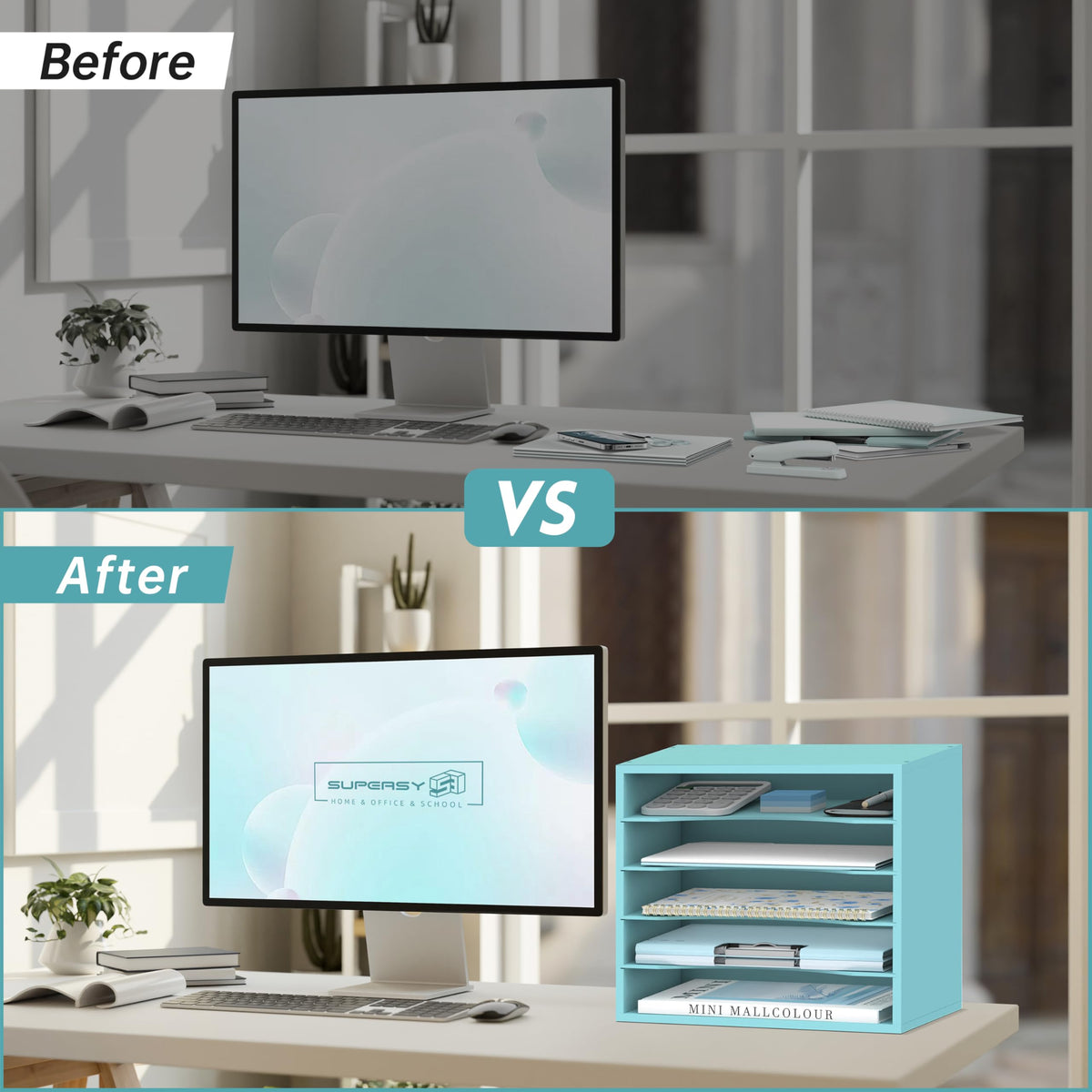 5 Tier Wood Desk Organizer, Mail Sorter and Paper Organizer for Desk, Blue