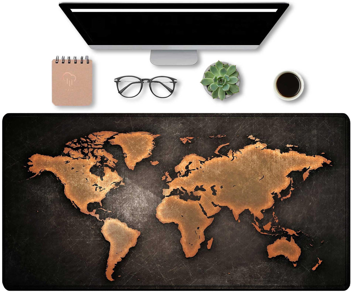 Black World Map Mouse Pads for Desk, Large Mouse Pad with Stitched Edges 31.5" × 15.7" inch.Gaming