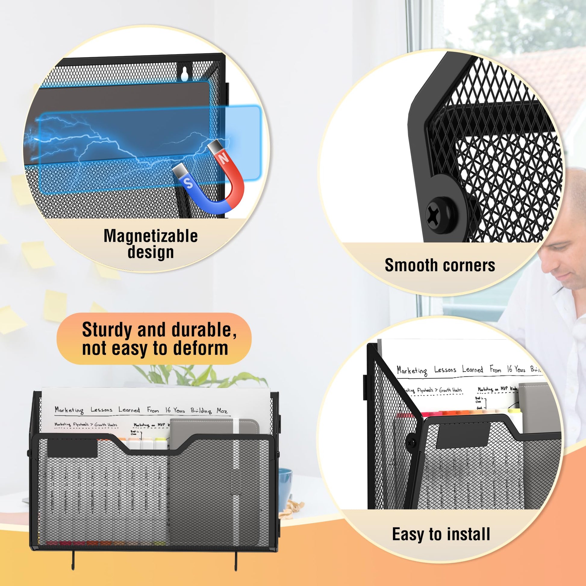 Docnest 3 Pack Dual-Mount Magnetic Mesh File Holders, Wall Organizer