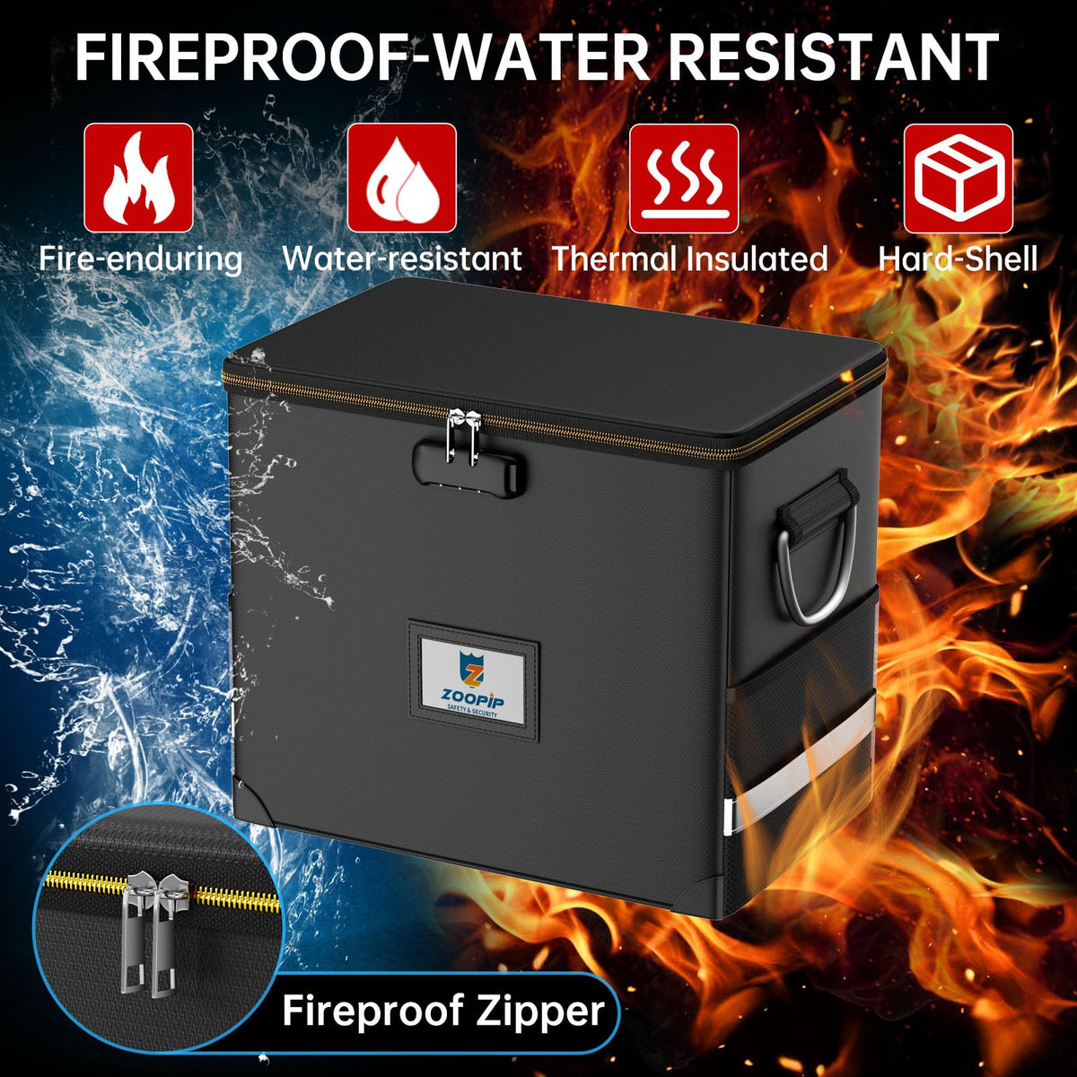 ZOOPIP Fireproof File Organizer with Lock, Hard Safe Document Box, Black