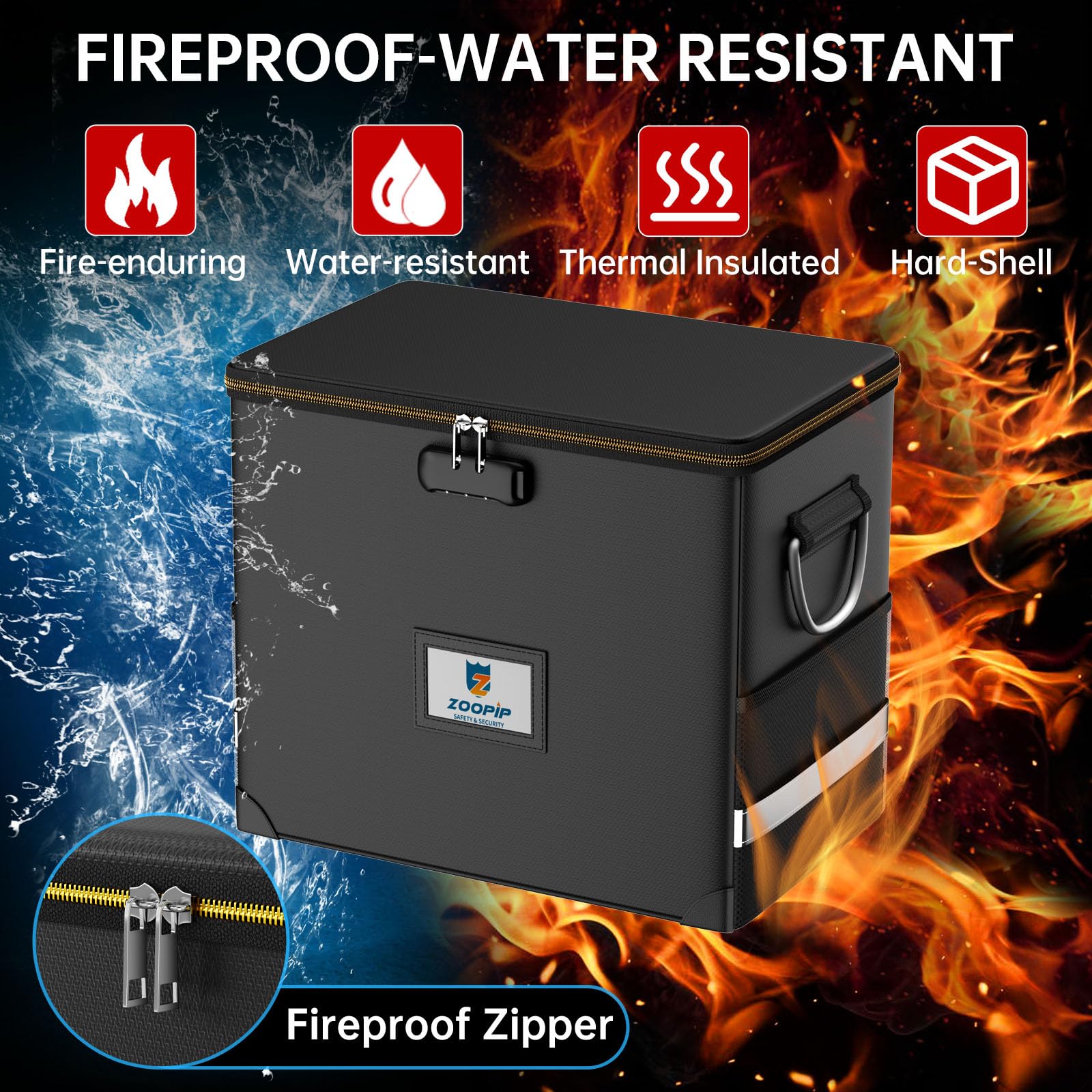 ZOOPIP Fireproof File Organizer with Lock, Hard Safe Document Box, Black