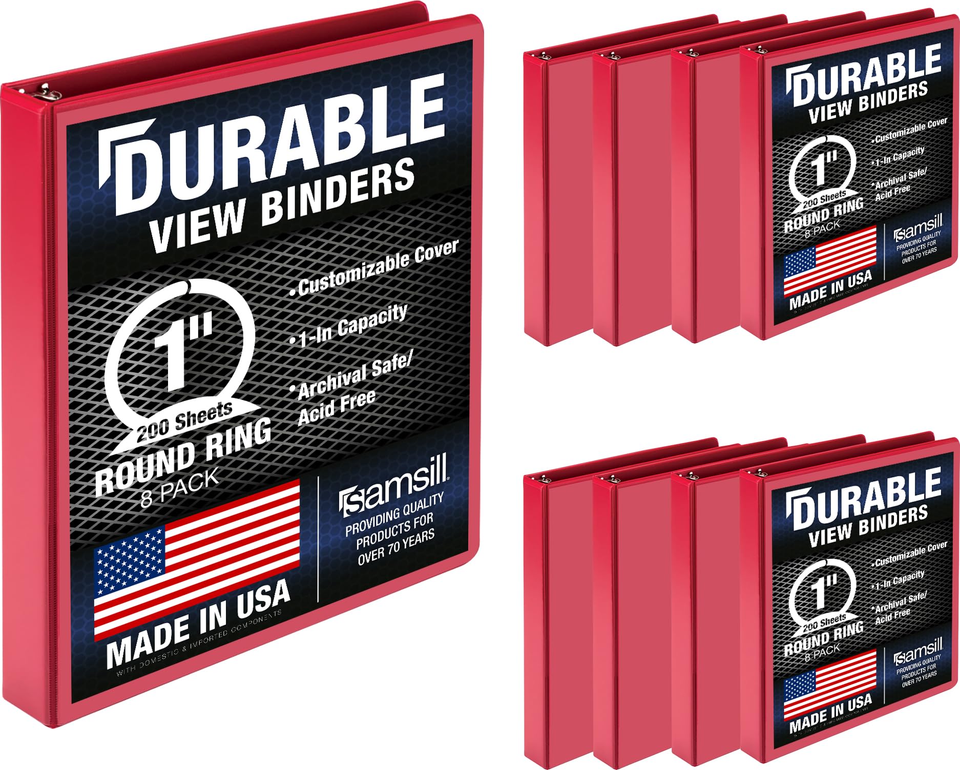 Samsill Durable 1 Inch Binder, Round Ring Customizable Clear View Binder, Red, 8 Pack (MP88433)