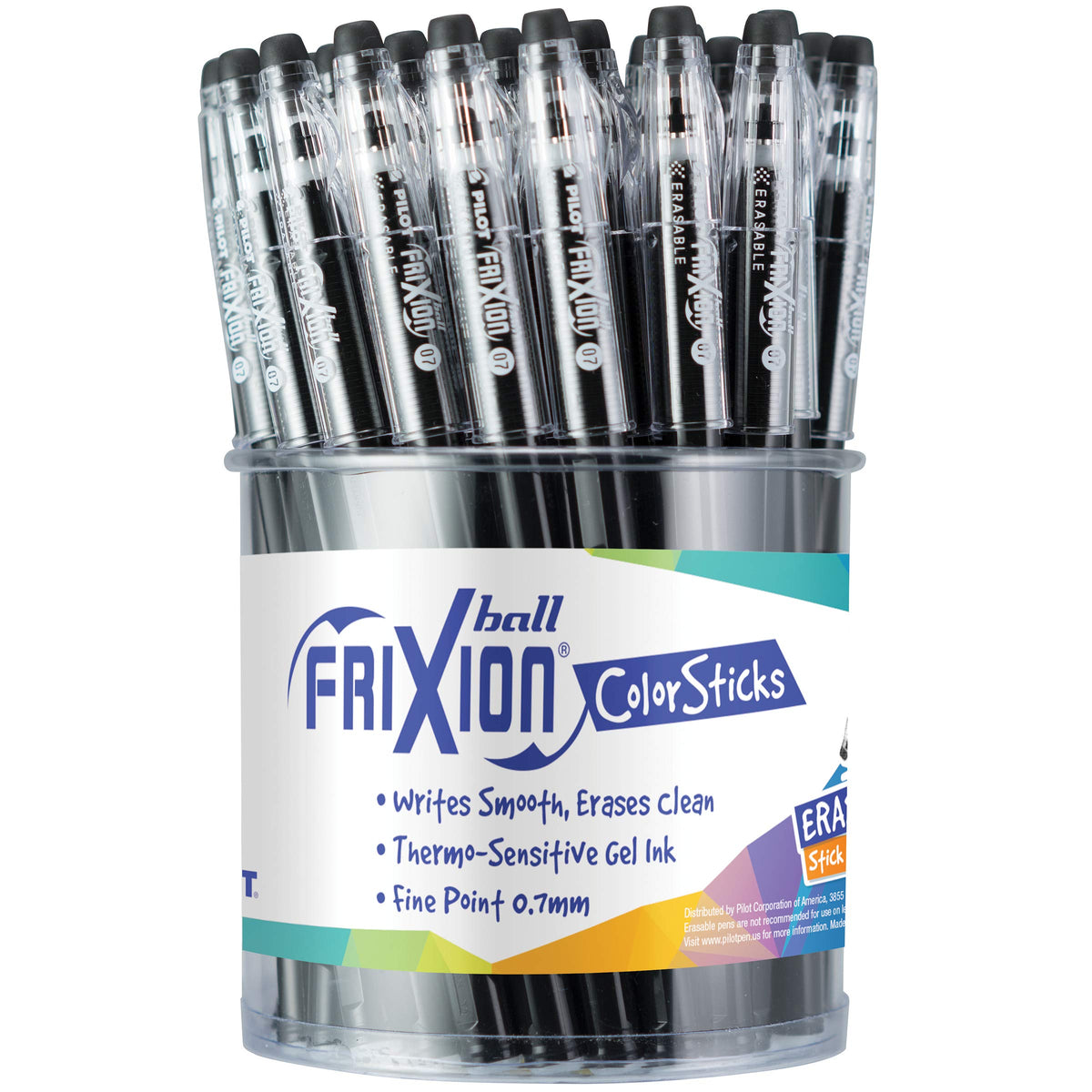 PILOT FriXion ColorSticks Erasable Gel Ink Stick Pens, Black Ink, Tub of 36