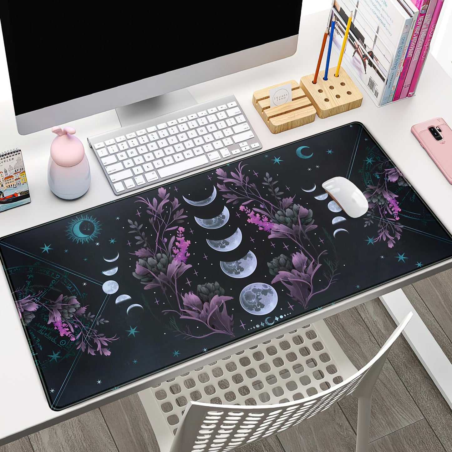 Celestial Moon Phases Mouse Pad Large Purple Desk Mat Forest Extended Gaming Mousepad Violet Teal