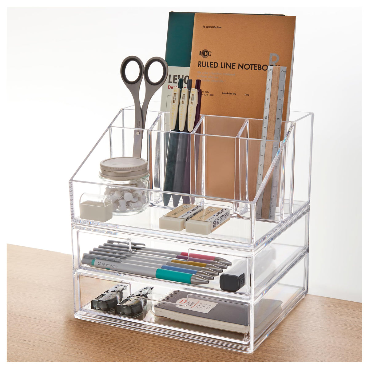 STORi Stackable Desk and Drawer Organizer, Clear, 6 Compartment Organizer with 2 Wide Drawers