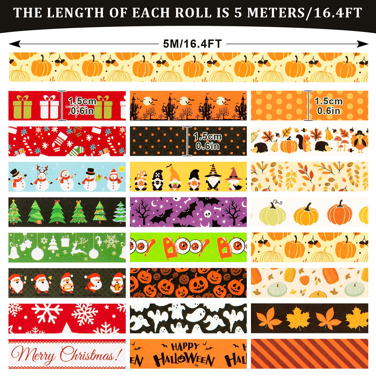 Whaline 24 Rolls Fall Halloween Christmas Washi Tape 3 Holidays Masking Tape Leaves Pumpkin Ghost