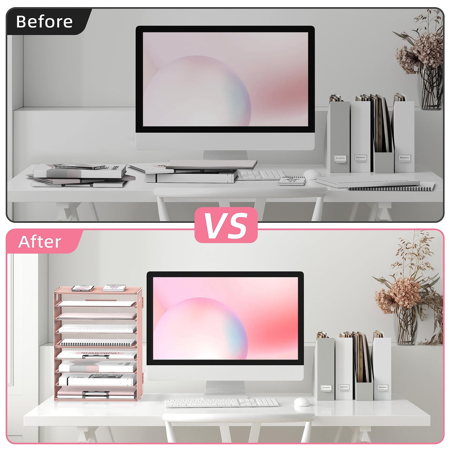 9-Tier Paper Organizer for Desk, Letter Tray with Handles, Pink, 2 Pack
