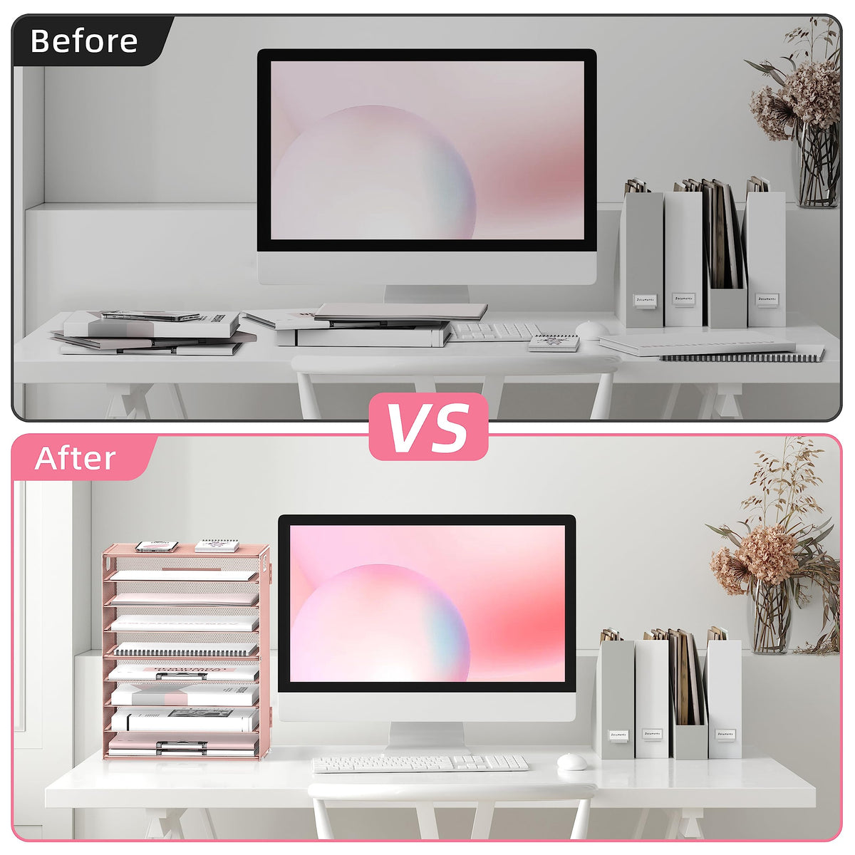 9-Tier Paper Organizer for Desk, Metal Mesh Letter Tray with Handles, Pink