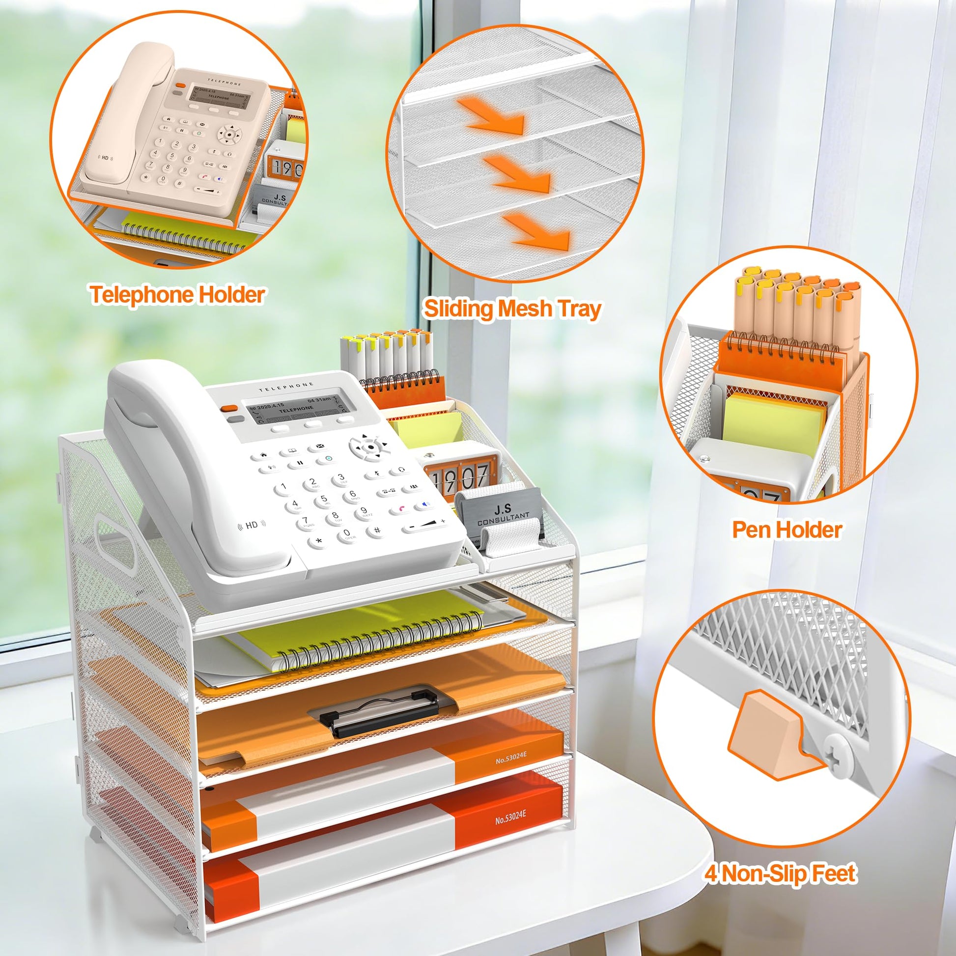 DocNest 5 Tier Metal Mesh Desk File Organizer with Phone Shelf, White