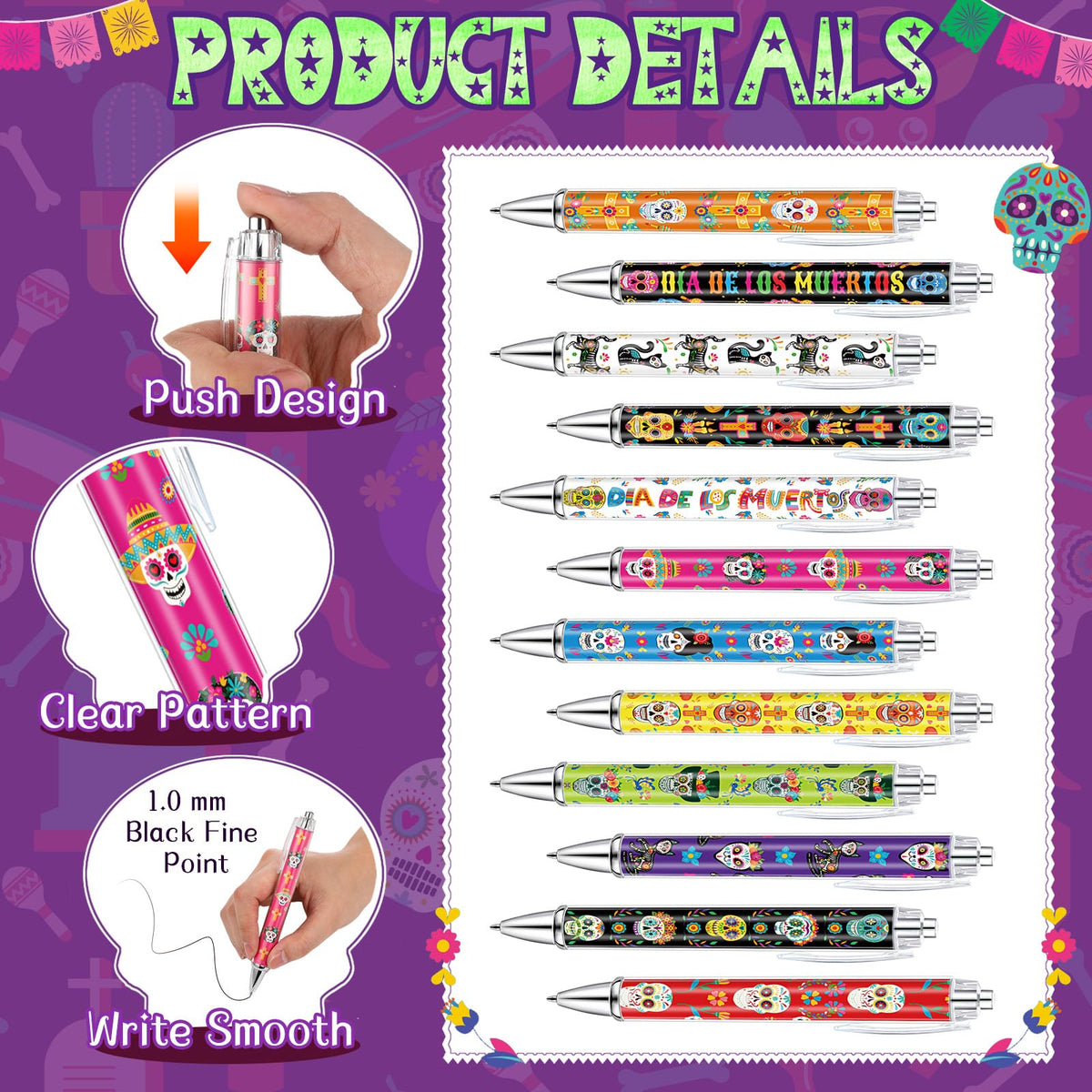 Dispowreath 48 Pcs Day of The Dead Pens Bulk Halloween Sugar Skull Ink Pens Retractable Gel
