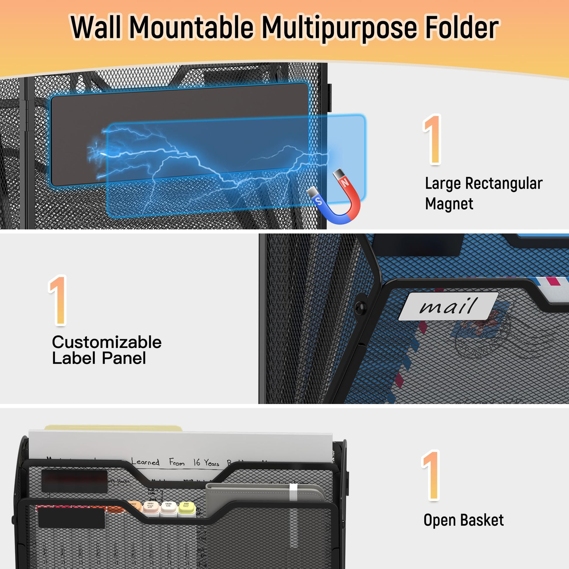 Docnest 3 Pack 3 Tier Dual-Mount Magnetic Mesh File Holders, Wall Organizer