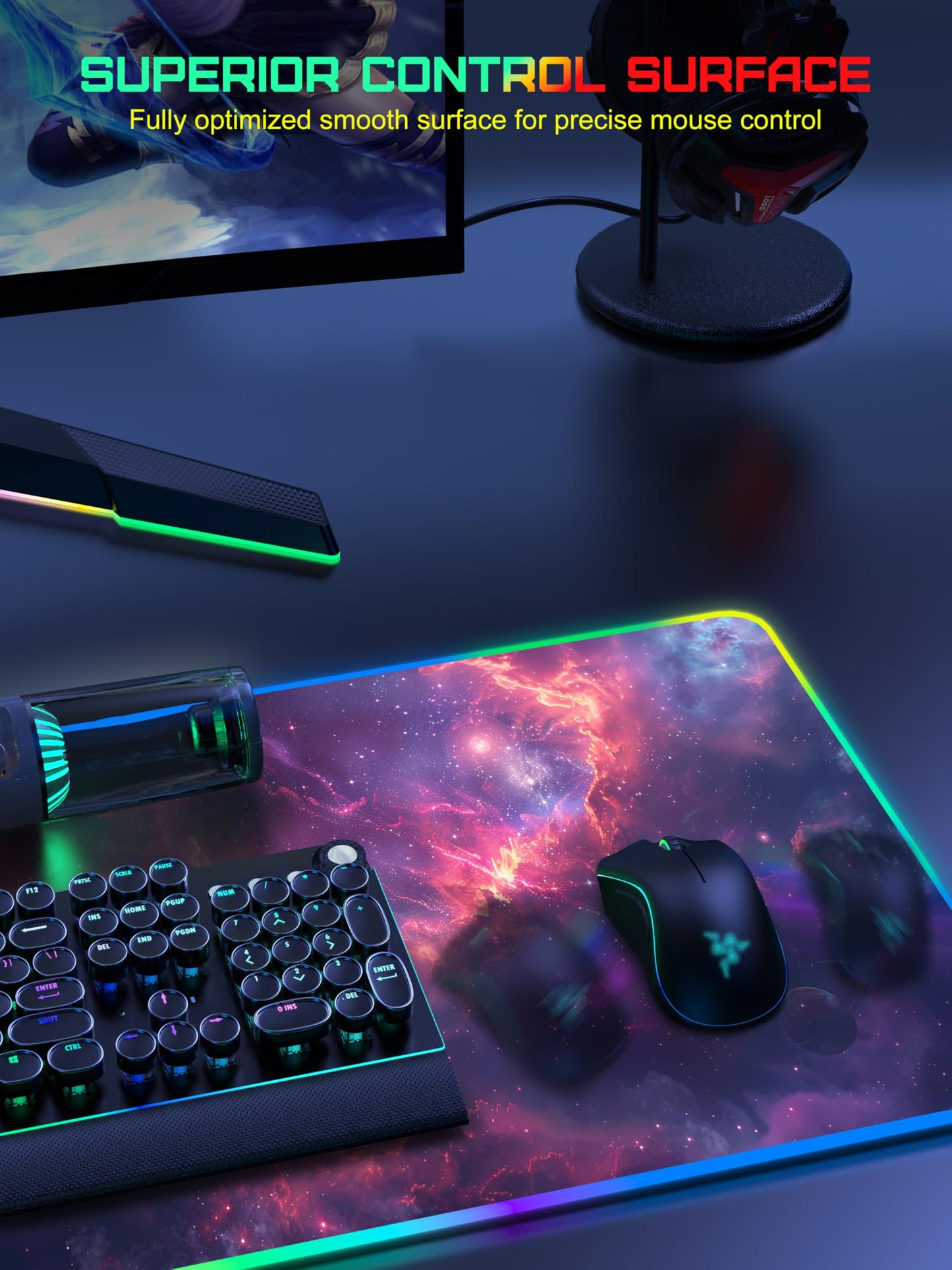 5-in-1 RGB Mouse Pad with Wireless Charging, Gaming Desk Mat, Red Nebula