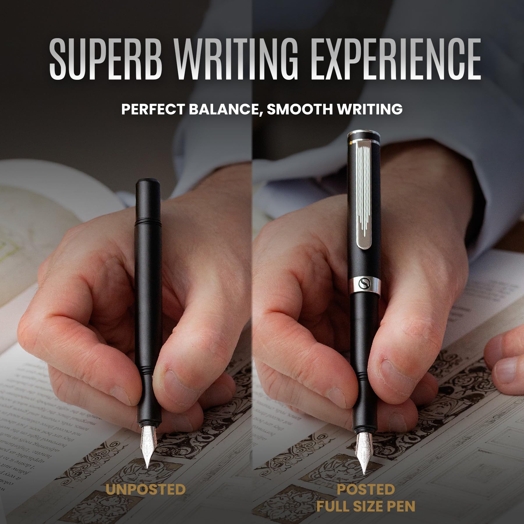 Scriveiner Personalized Luxury EDC Fountain Pen (Medium), Stunning Matt Black Pocket Pen, Chrome