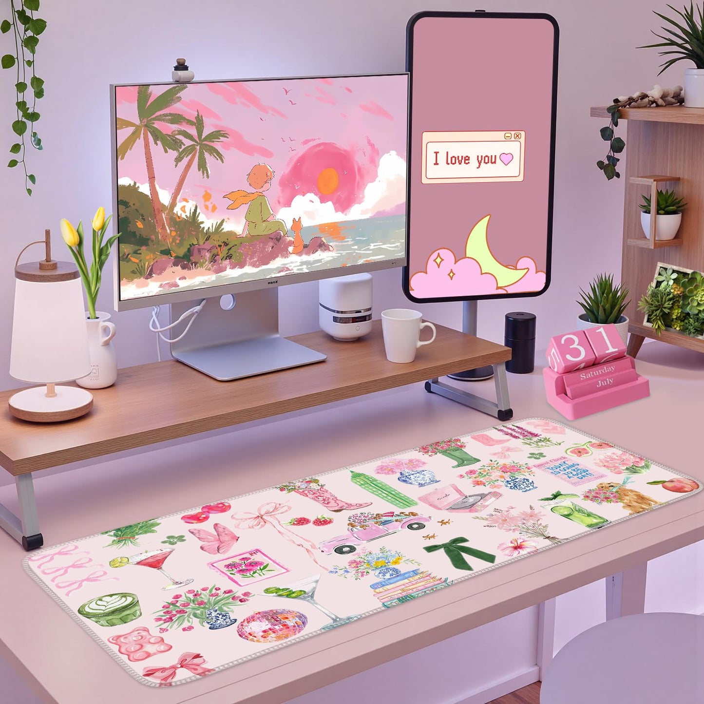 Pink Pastel Floral Desk Mat Cute Kawaii Retro Vintage XXL Large Mouse Pad Flower Desk Pad Mat