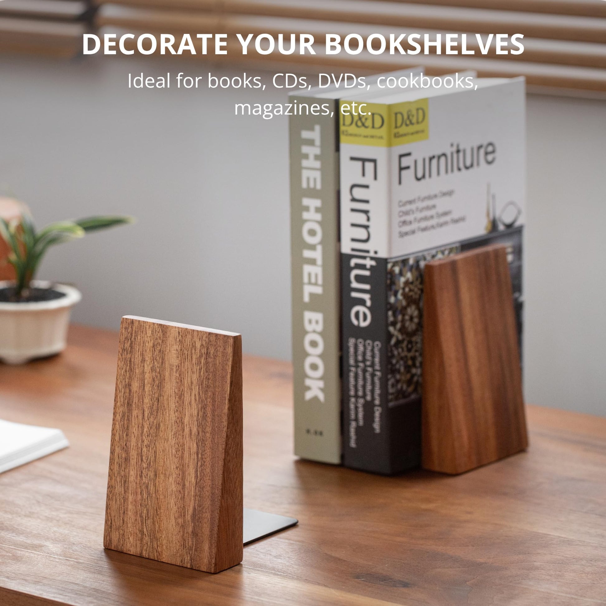 Muso Wood Book Ends, Thickened Wooden Bookends for Heavy Books, Creative Decorative Bookends for