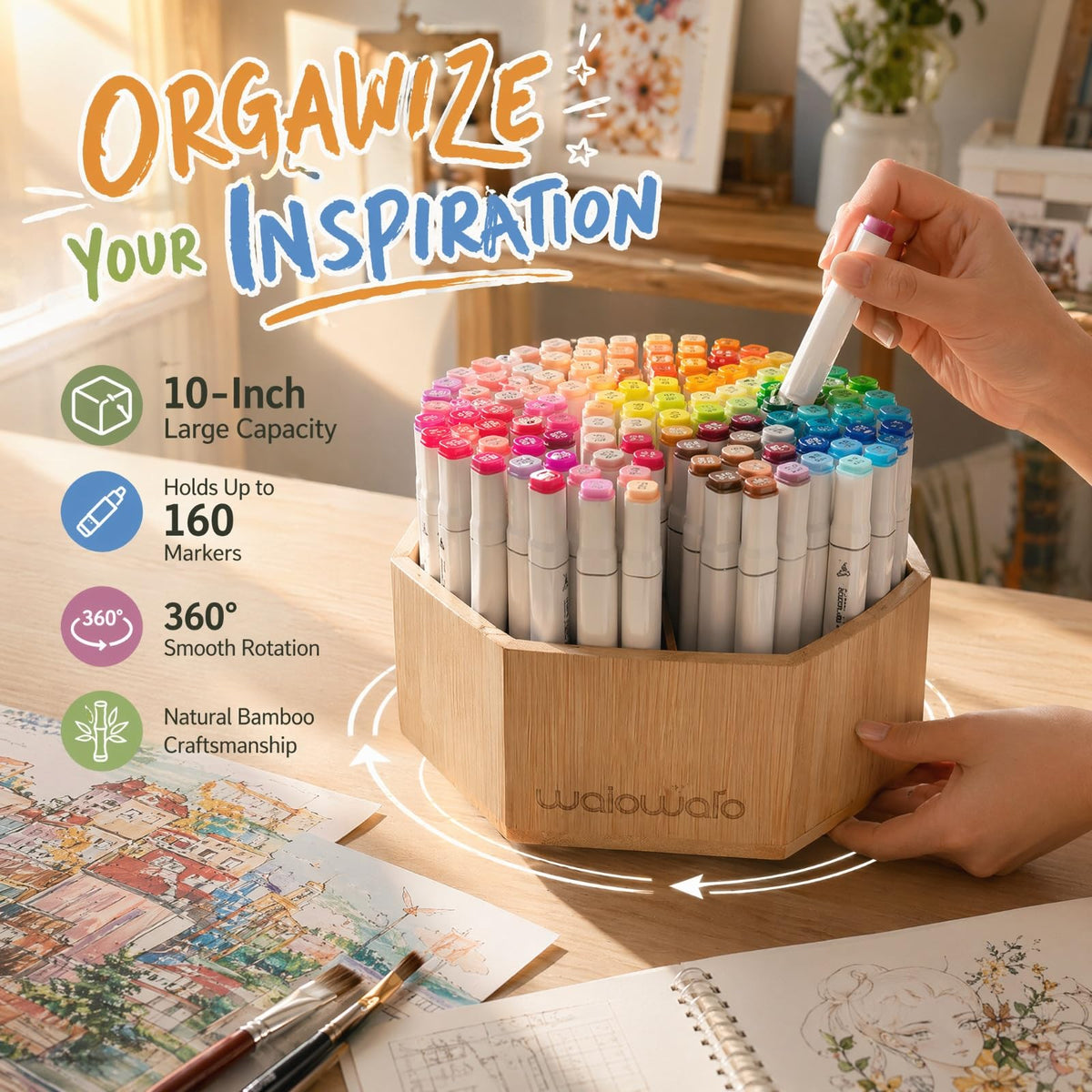 walowalo Bamboo Rotating Art Supply Organizer Caddy Holds 800+ Pencils Spinning Crayon 160 Marker
