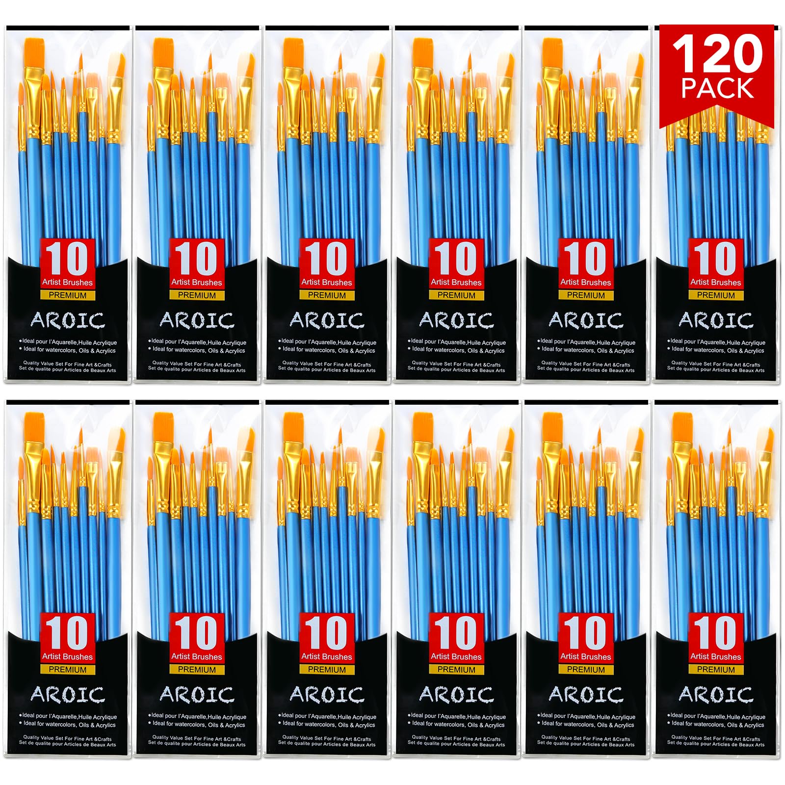 AROIC Acrylic Paint Brush Set, 12pack/120pcs Nylon Hair Paint Brushes