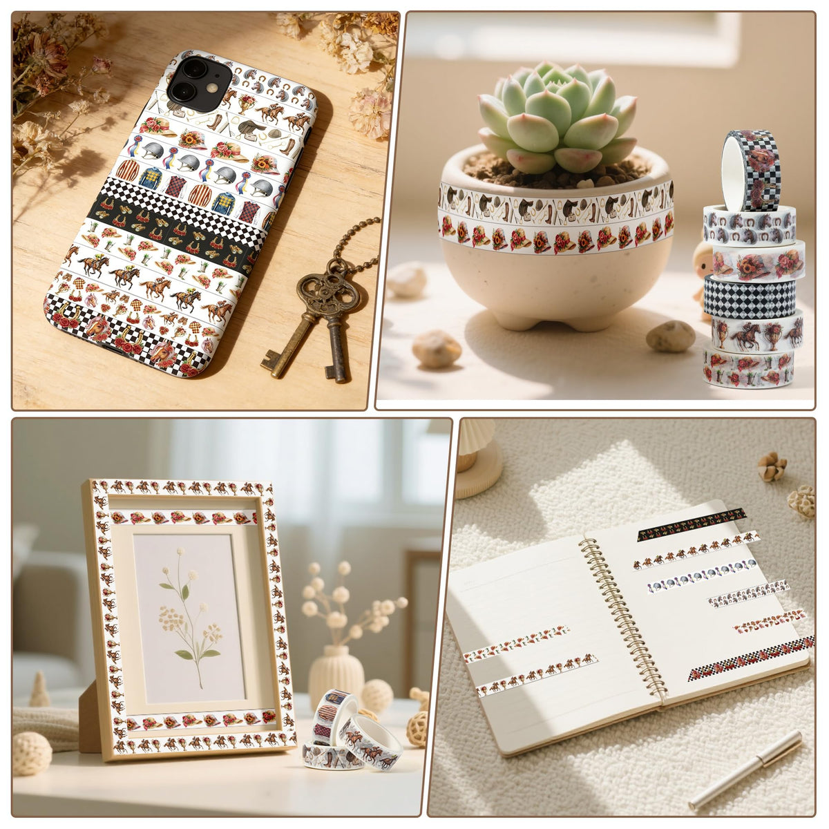BkeeCten Kentucky Derby Washi Tape - 12 Rolls Horse Racing Silhouette Jockey Silk Bridle Scrapbook