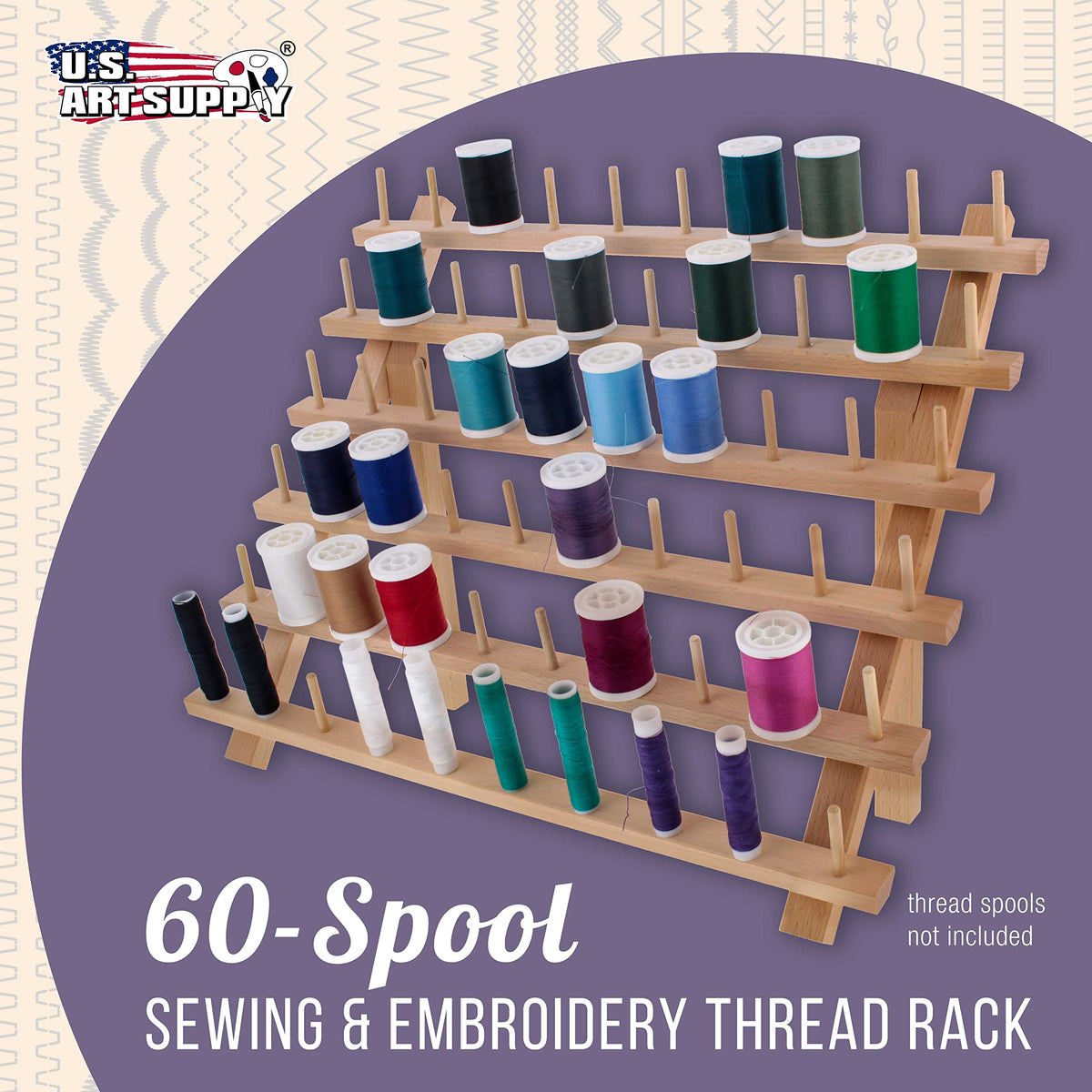 US Art Supply Premium 60-Spool Thread Holder: Wooden Sewing & Embroidery