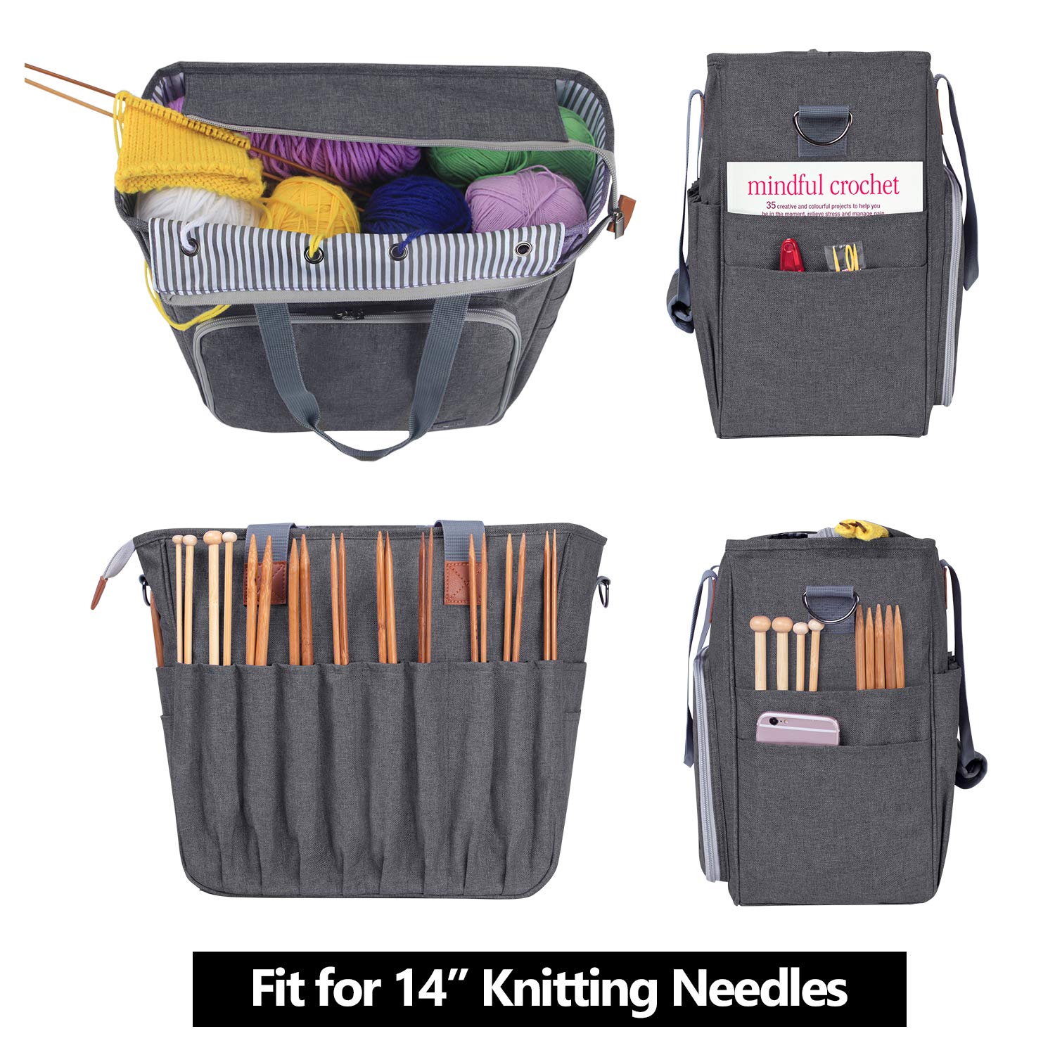 LUXJA Large Knitting Bag with Shoulder Straps, Gray
