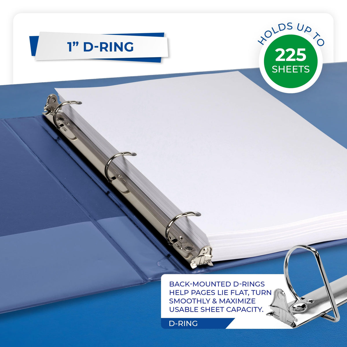 Samsill Durable 1 inch 3 Ring Binder, D Ring Binder, 100% Recycled Chipboard, Blue, 4 Pack