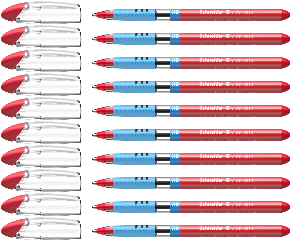 Schneider Slider Basic XB (Extra Broad) Ballpoint Pen, 1.4 mm, Light Blue Barrel, Red Ink, Box of