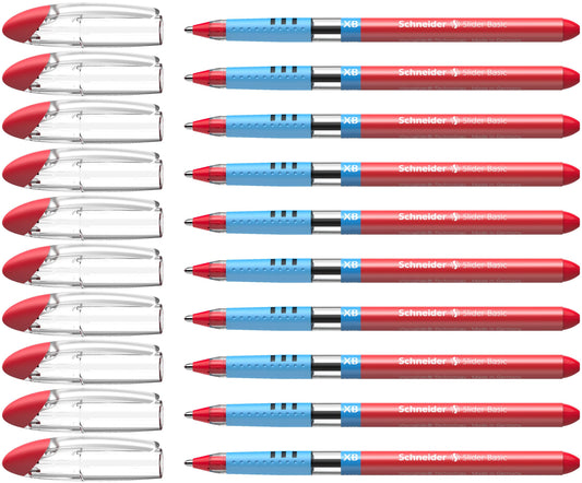 Schneider Slider Basic XB (Extra Broad) Ballpoint Pen, 1.4 mm, Light Blue Barrel, Red Ink, Box of