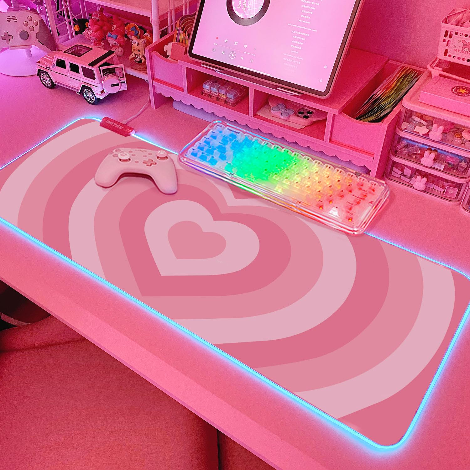 JMIYAV Pink Love Heart RGB Gaming Mouse Pad 31.5x12 Inch Cute Mousepad PC XL Large Extended Glowing