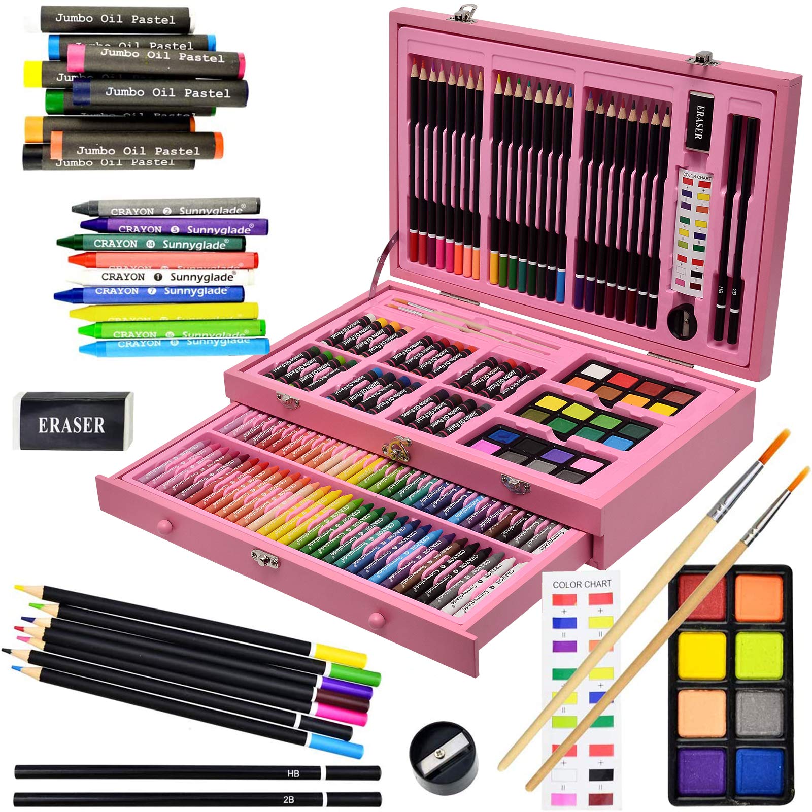 Sunnyglade 145 Piece Deluxe Art Set Wooden Art Box & Drawing Kit Pink