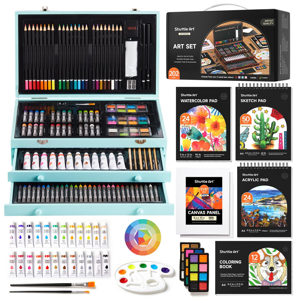 Shuttle Art Deluxe Gift Art Kit, 202-Piece Wooden Art Supplies Set with 4 Drawing Pads, Canvases
