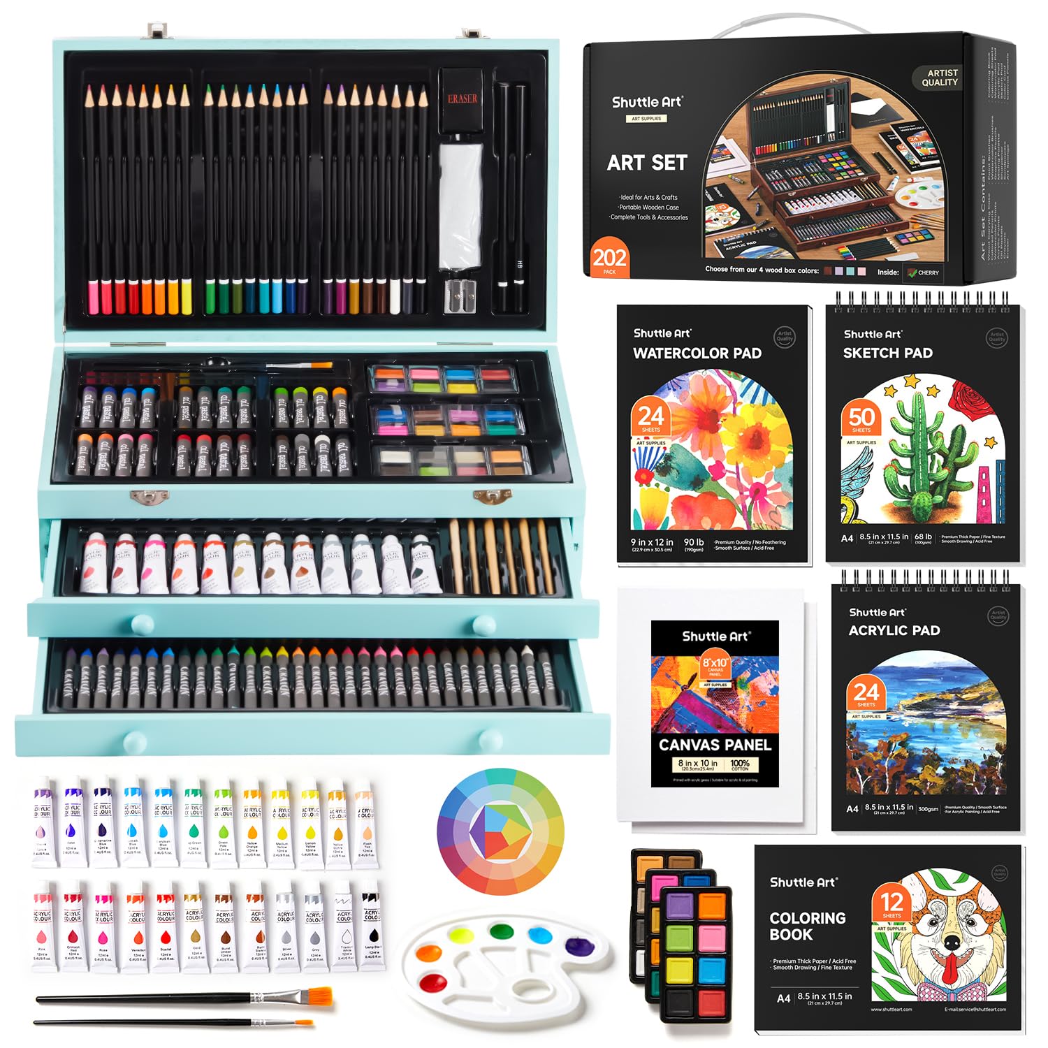 Shuttle Art Deluxe Gift Art Kit, 202-Piece Wooden Art Supplies Set with 4 Drawing Pads, Canvases