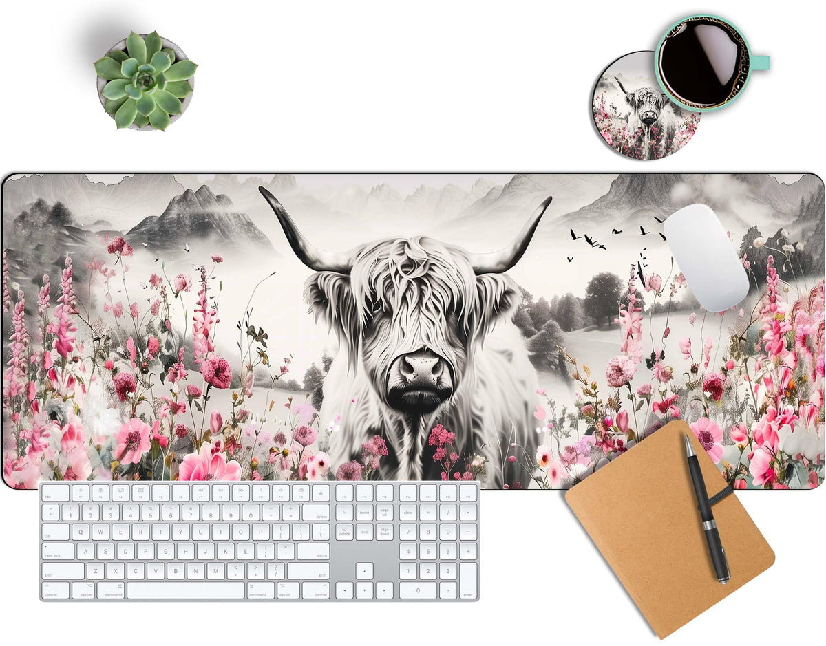 Highland Cow Mouse Pad, Extended Large Desk Pad with Stitched Edges 31.5 x 11.8 Mousepad Desk Mat