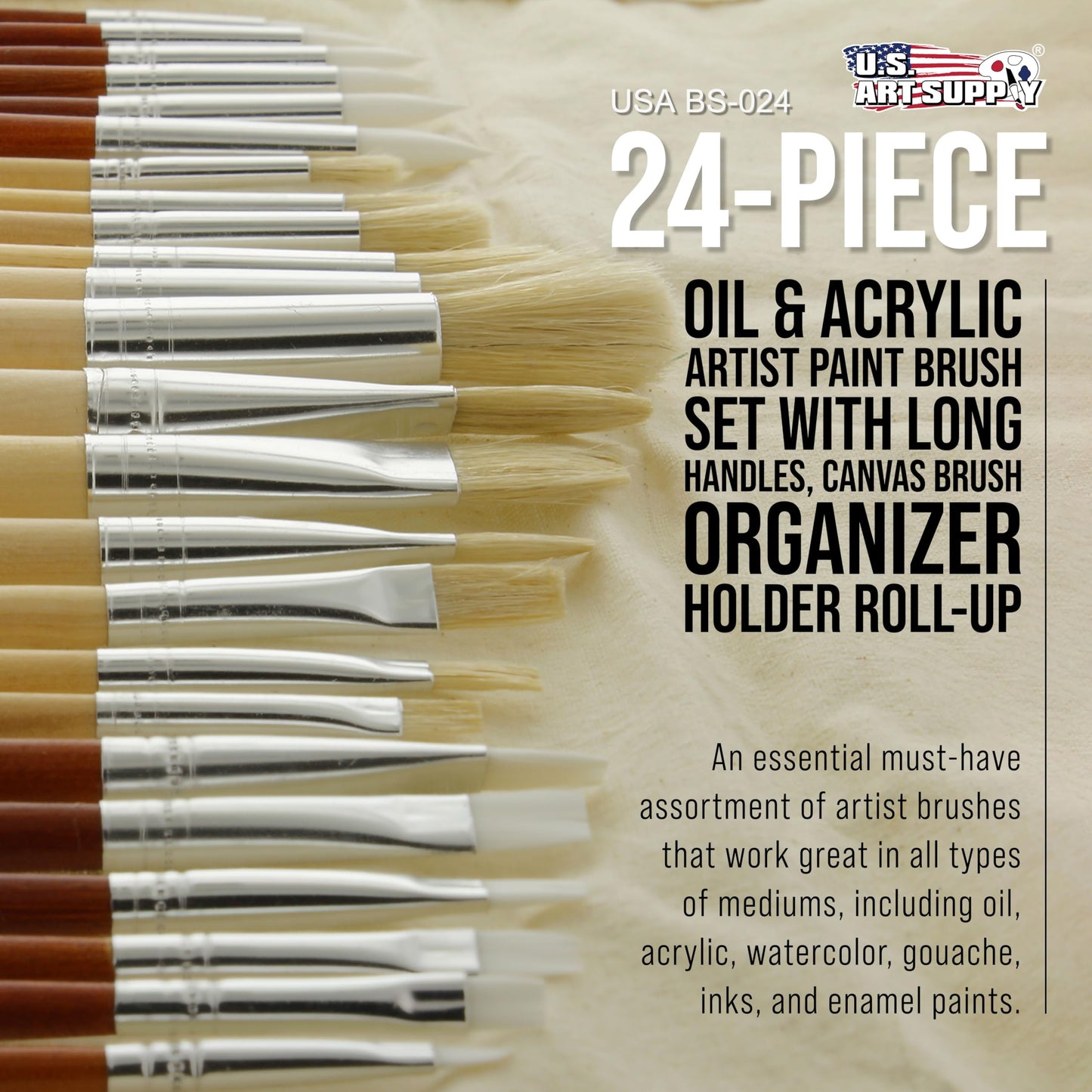 U.S. Art Supply 24-Piece Oil & Acrylic Artist Paint Brush Set