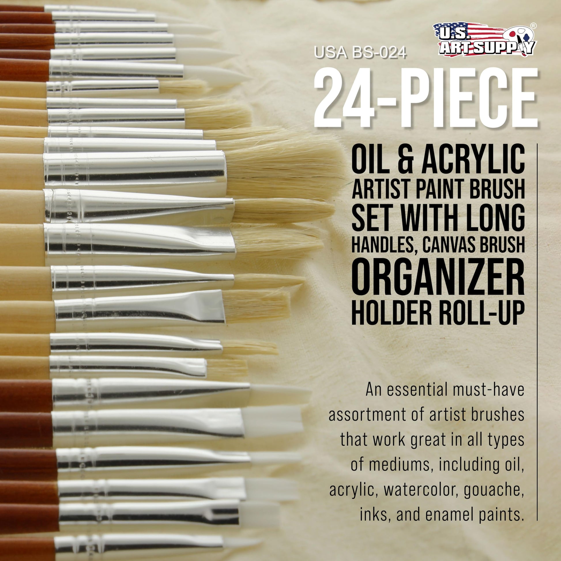 U.S. Art Supply 24-Piece Oil & Acrylic Artist Paint Brush Set