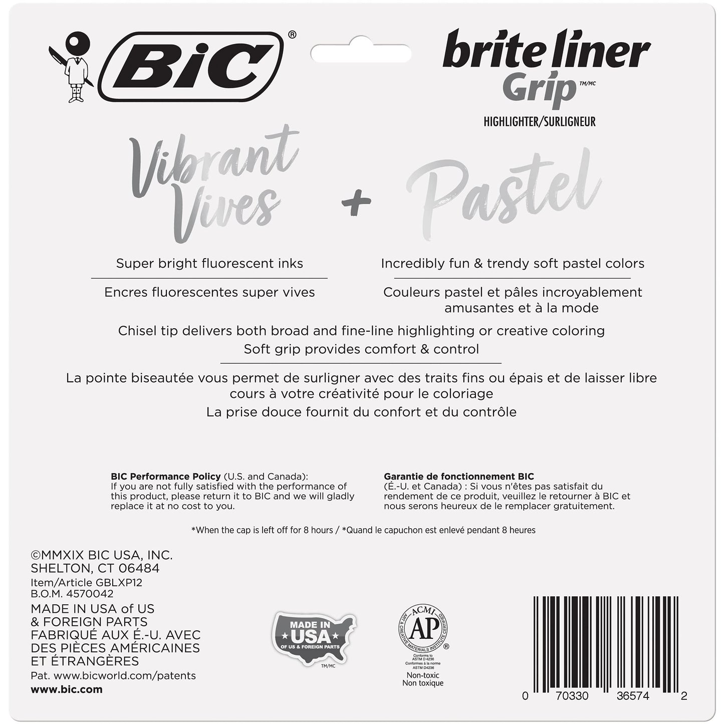 BIC Brite Liner Grip Highlighters; Chisel Tip (1.6mm); Assorted Pastel and Fluorescent; For Broad