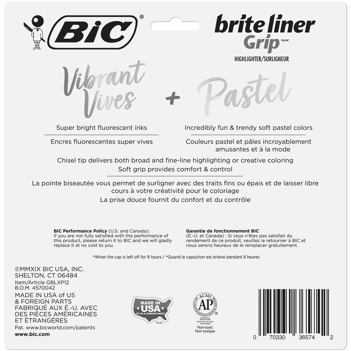 BIC Brite Liner Grip Highlighters; Chisel Tip (1.6mm); Assorted Pastel and Fluorescent; For Broad