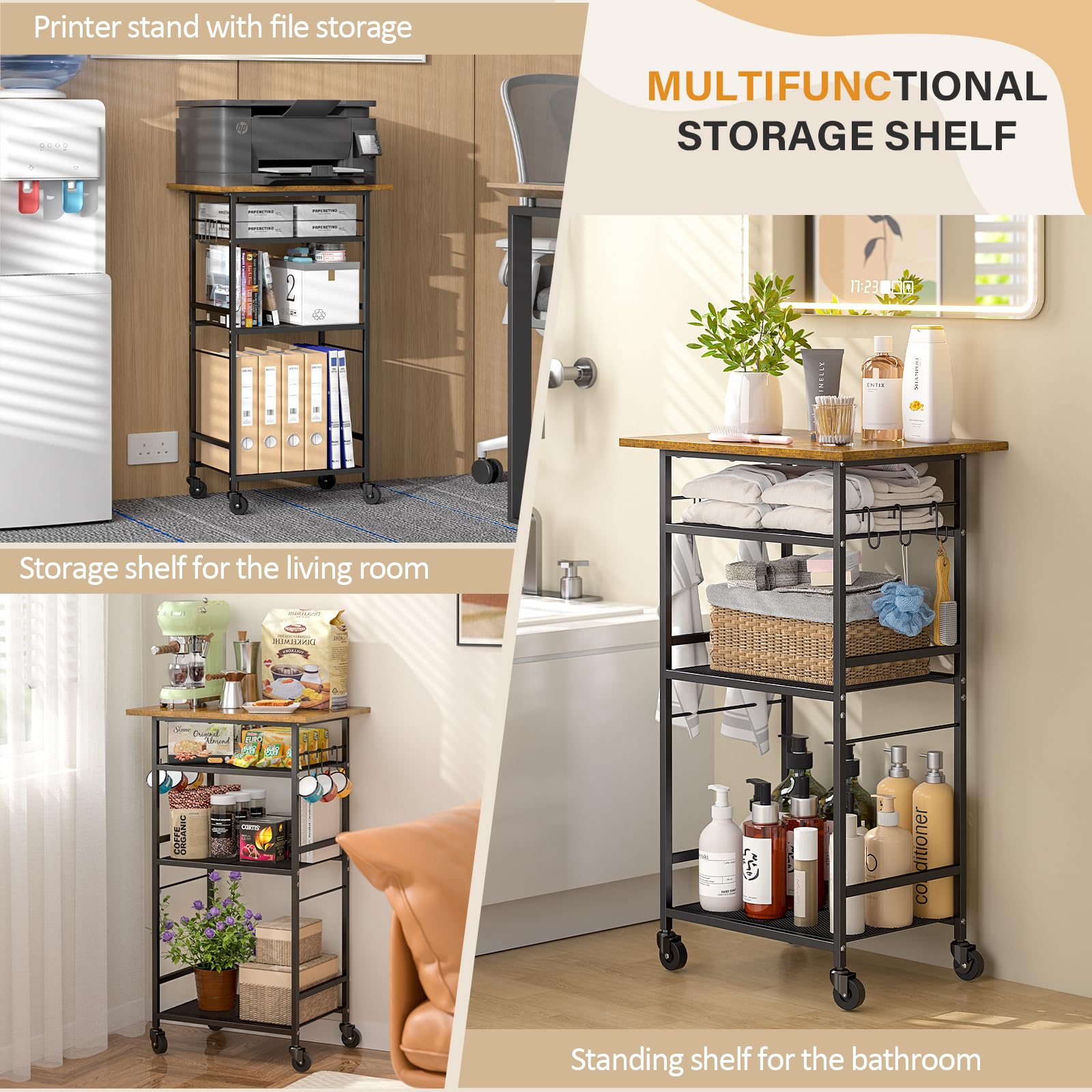 ThreeHio Rolling Kitchen Microwave Cart, 4 Tier Microwave Table Stand with Storage, Kitchen Storage