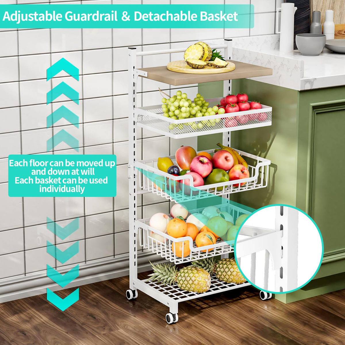 HapiRm Fruit Basket Kitchen Cart - 5 Tier Adjustable Vegetable Storage Rack, Large Capacity Rolling