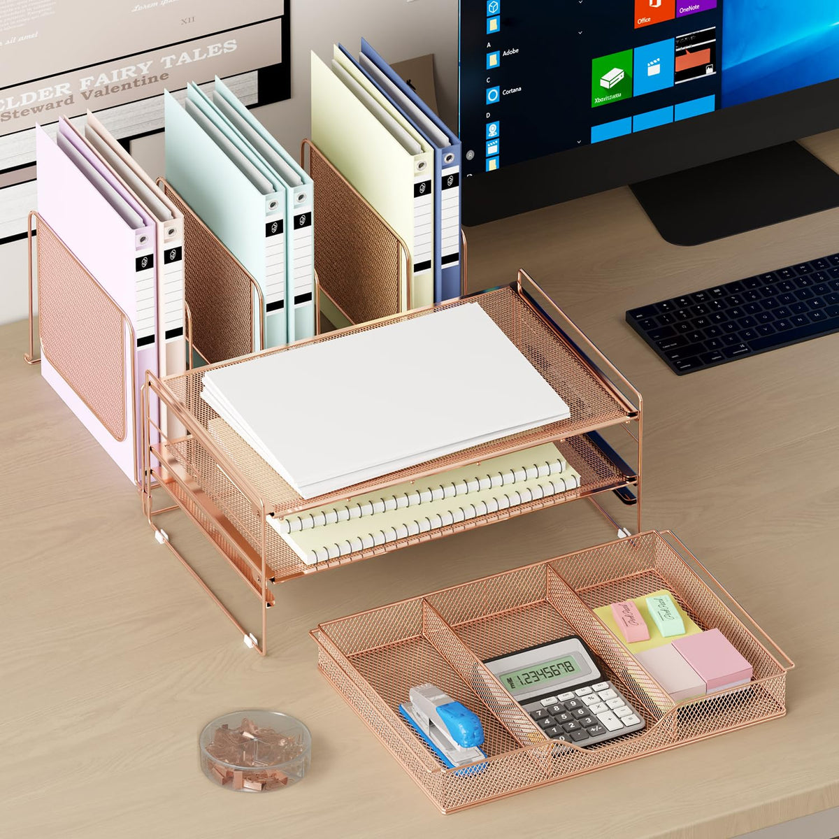 LEKETREE Rose Gold Desk Organizer, Office Organization with Vertical File Holder, File Organizer