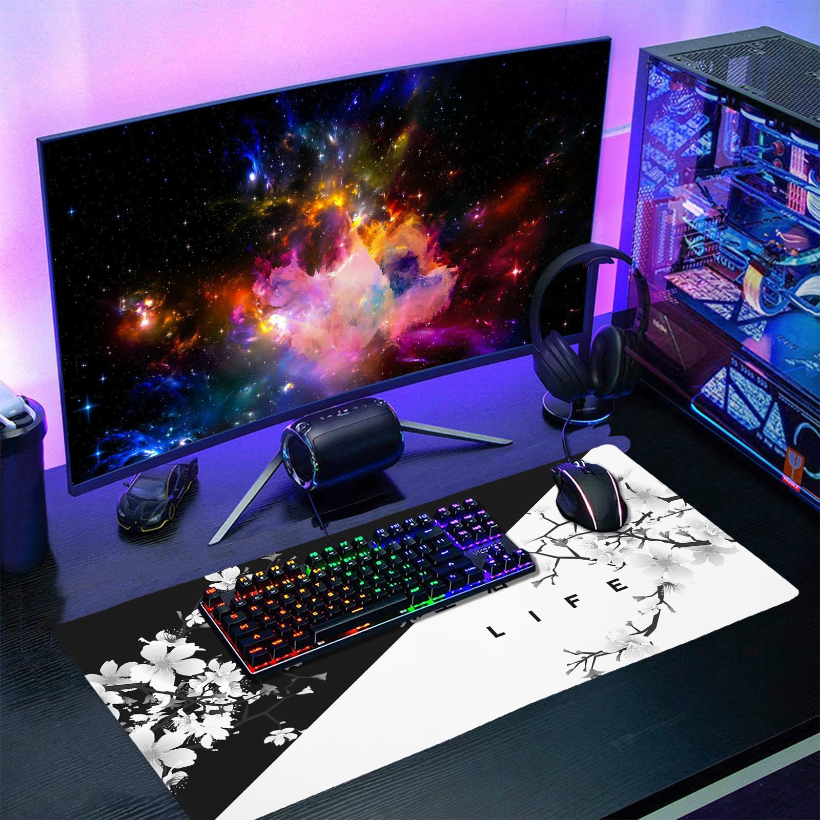 aportt Black White Cherry Blossom Mouse Pad Large Japanese Sakura Death Life Desk Mat 60x35 cm