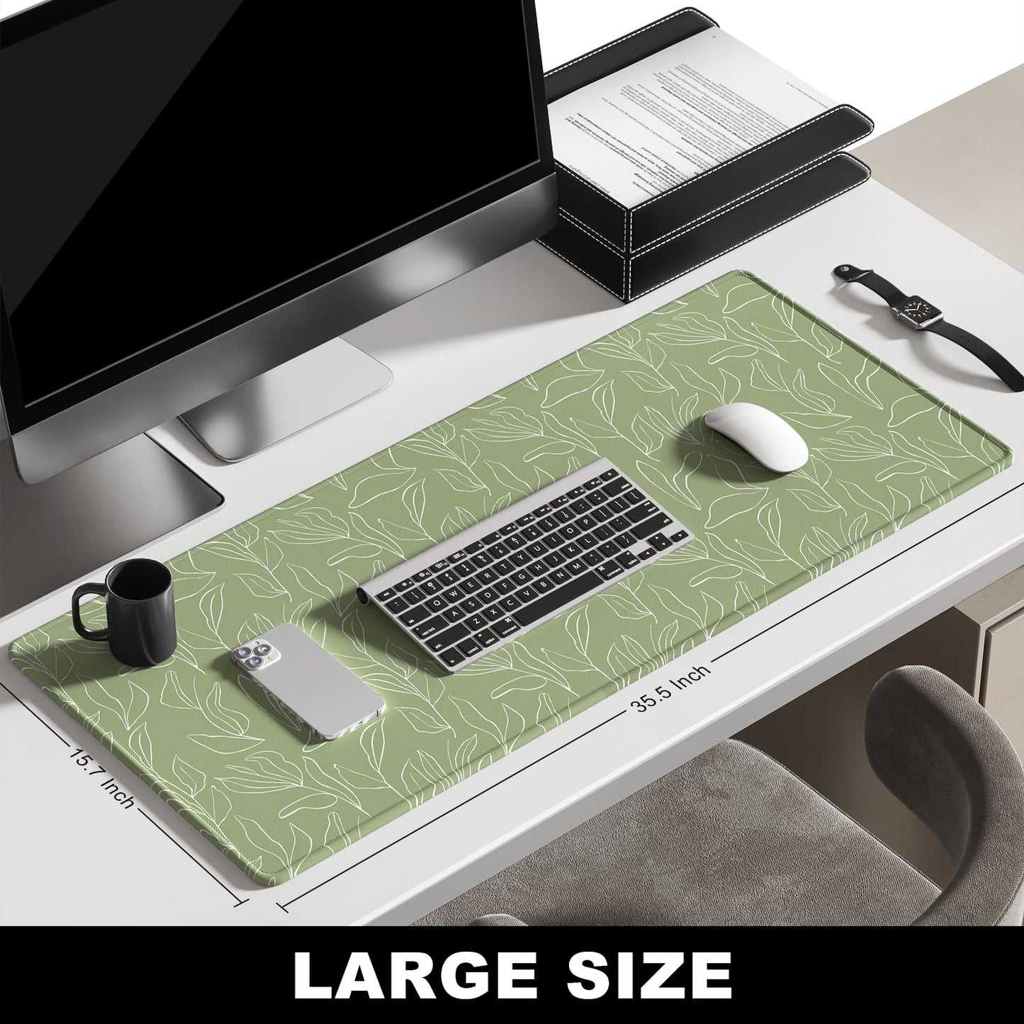 BosoBo Large Gaming Desktop Mat - XXL XXL Full Cover 35.5 x 15.7 Inches, Minimalist Green Leaf